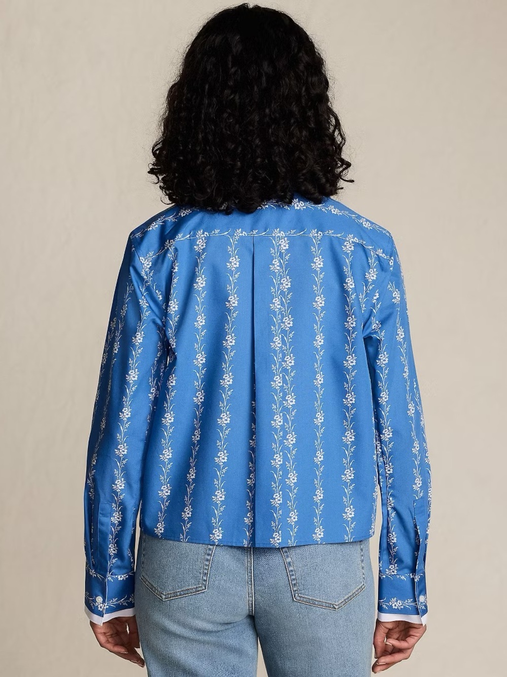 Lands' End Blue Floral Tie-Neck Button-Down Blouse - Picture 2 of 3
